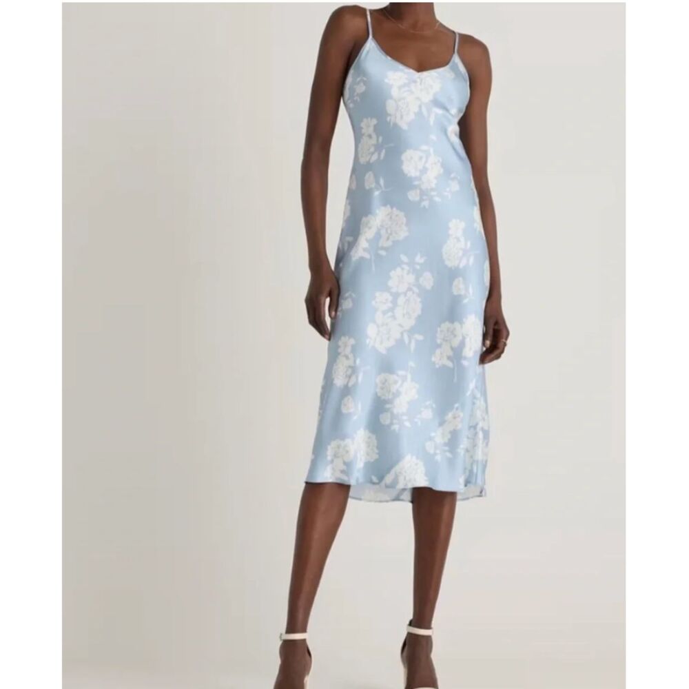 Quince 100% Washable Silk Slip Dress Ethereal Blue Floral XS